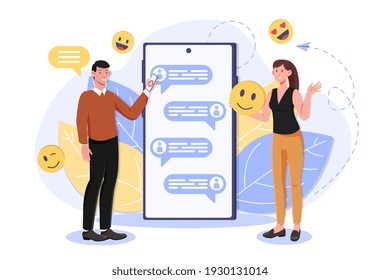 Young couple flirting through chat room. Online dating and communication using messenger and social media concept. sms bubbles emoticons notifications . Flat cartoon vector outline illustration design