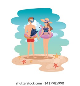 young couple with float and equipment diving on the beach