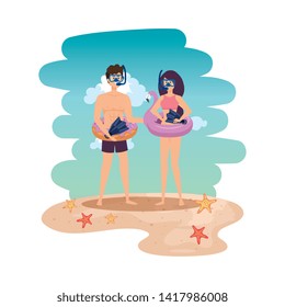 young couple with float and equipment diving on the beach
