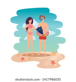 young couple with float and equipment diving on the beach