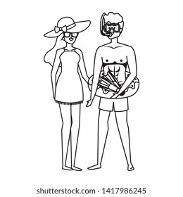 young couple with float and equipment diving