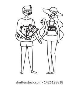 young couple with float and equipment diving