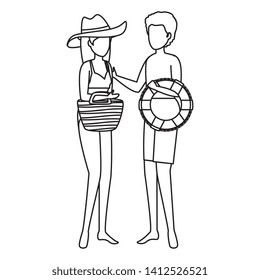 young couple with float and handbag characters