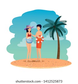 young couple with float and handbag on the beach