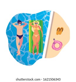 young couple with float mattress in pool vector illustration design