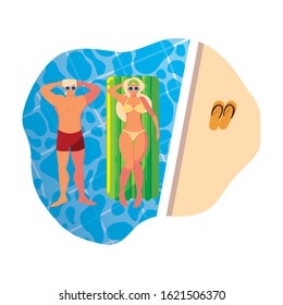 young couple with float mattress in pool vector illustration design