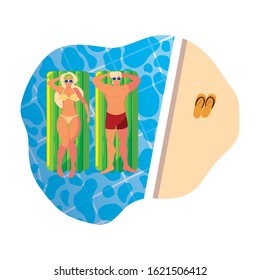 young couple with float mattress in pool vector illustration design