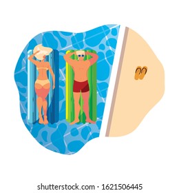 young couple with float mattress in pool vector illustration design