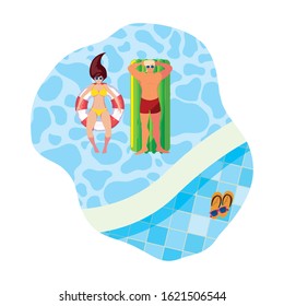 young couple with float mattress in pool vector illustration design