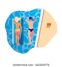 young couple with float mattress in pool vector illustration design