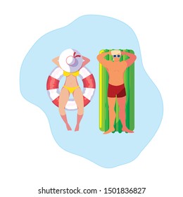 young couple with float mattress in water