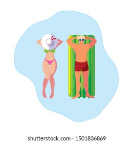 young couple with float mattress in water
