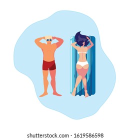 young couple with float mattress in water vector illustration design