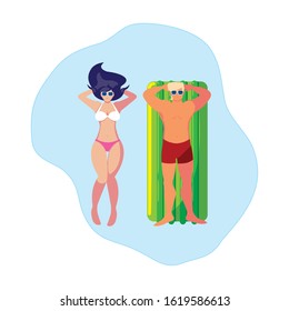 young couple with float mattress in water vector illustration design