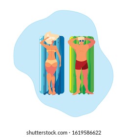 young couple with float mattress in water vector illustration design