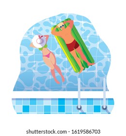 young couple with float mattress in water vector illustration design