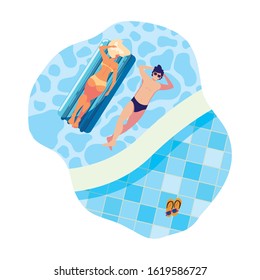 young couple with float mattress in water vector illustration design