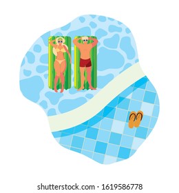young couple with float mattress in water vector illustration design