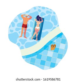 young couple with float mattress in water vector illustration design