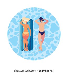 young couple with float mattress in water vector illustration design