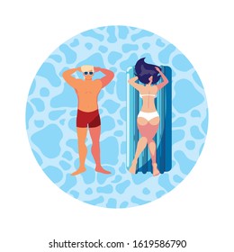 young couple with float mattress in water vector illustration design