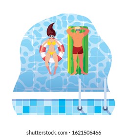 young couple with float mattress in water vector illustration design