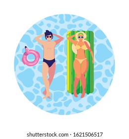 young couple with float mattress in water vector illustration design