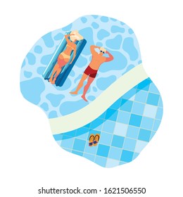 young couple with float mattress in water vector illustration design