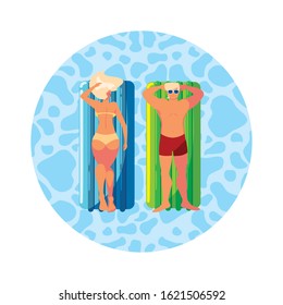 young couple with float mattress in water vector illustration design