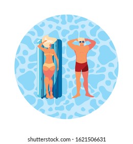 young couple with float mattress in water vector illustration design