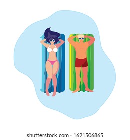 young couple with float mattress in water vector illustration design