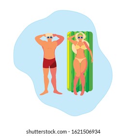 young couple with float mattress in water vector illustration design
