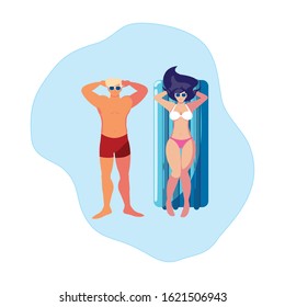 young couple with float mattress in water vector illustration design