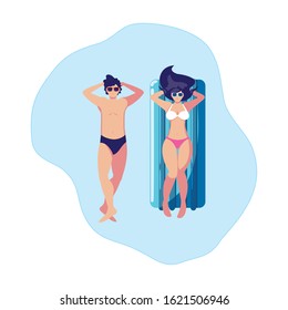 young couple with float mattress in water vector illustration design