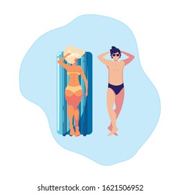 young couple with float mattress in water vector illustration design