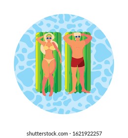 young couple with float mattress in water vector illustration design