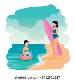 young couple with float and surfboard on the beach