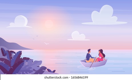 Young couple floating at wooden boat with romantic sunset time. Spend time together riding boat. Love relations, summer time vacation, leisure journey vector illustration