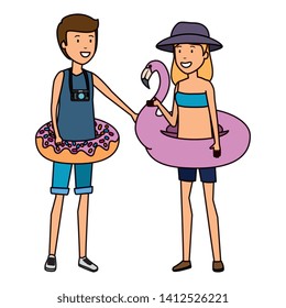 young couple with floats characters