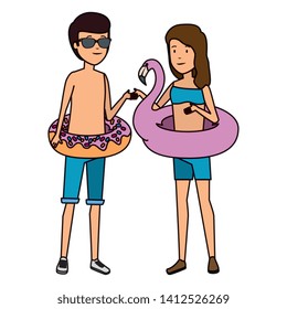 young couple with floats characters