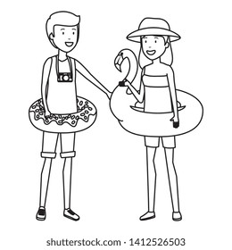 young couple with floats characters