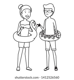 young couple with floats characters