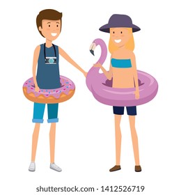 young couple with floats characters