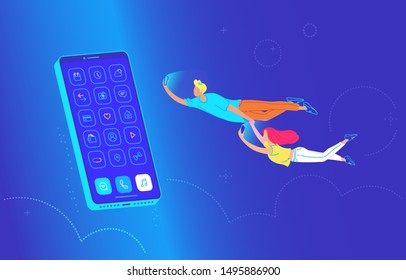 Young couple are flying to the big smartphone and using their own smart phones for reading news and chatting to friends. Gradient concept vector illustration of addiction to mobile phone and apps