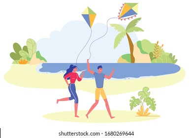 Young Couple Flying a Kite at Sea Coast Tropical Landscape Background. Summer Beach Holidays, Sport Activity and Amusement. Vacation and Recreation Outdoor. Flat Cartoon Vector Illustration.