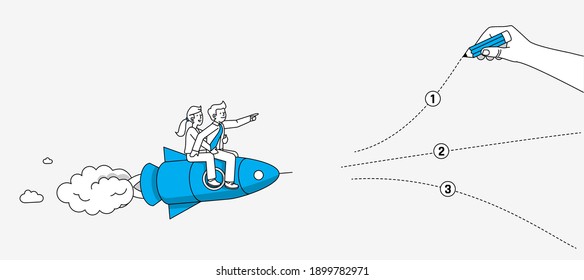 Young couple flying on the rocket making a decision. Modern illustration in linear style.