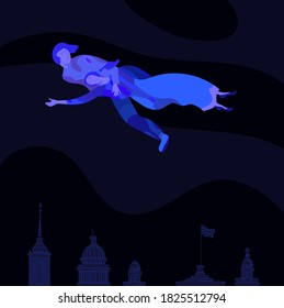 Young couple flying over the city. Concept of love and sublime feelings.Vector illustration