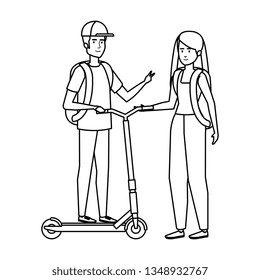 young couple in folding scooter