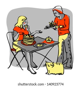 Young couple with food. Man gives tray with food to woman sitting at table plus funny cat. Hand drawing. Vector illustration.