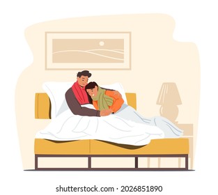 Young Couple Freezing Male and Female Character Wrapped in Warm Plaid and Winter Clothes Sitting on Sofa Trying to Warm Each Other, Suffering of Cold Temperature at Home. Cartoon Vector Illustration